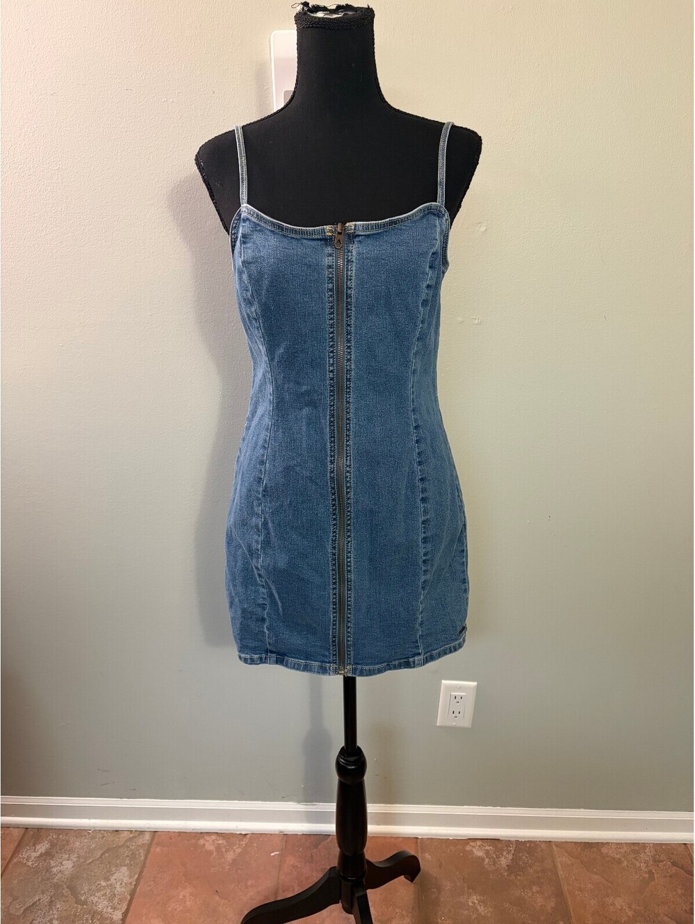 Volcom Denim Mini Dress with Front Zipper and Adjustable Straps